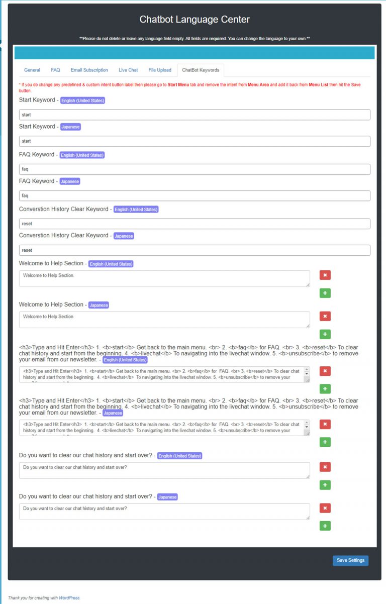 ChatBot Keywords